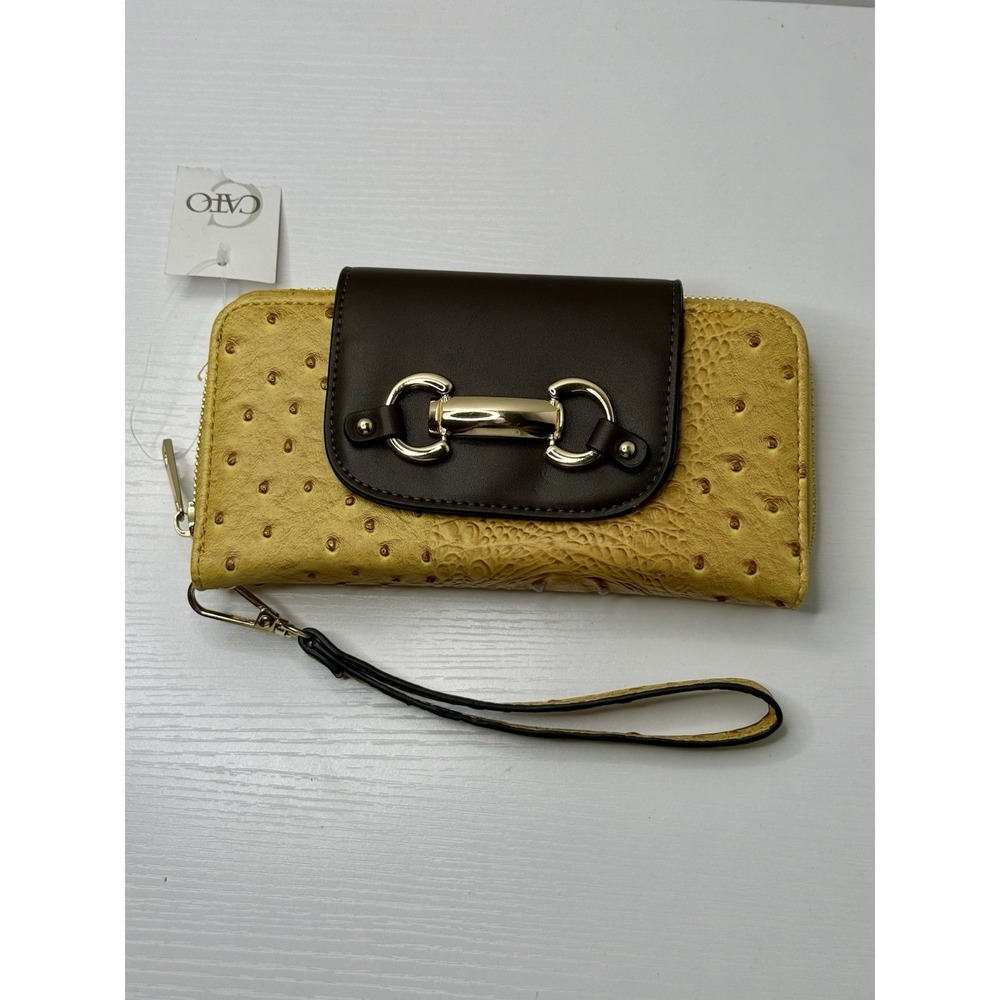 Ostrich Print yellow and brown faux leather clutch with a wristlet strap.